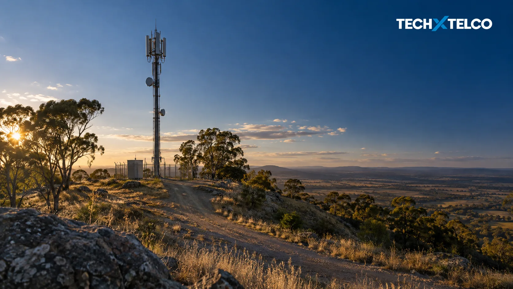 Editorial illustration of mobile signal equipment against a regional Australian landscape, representing the ACCC network report rather than a particular site.