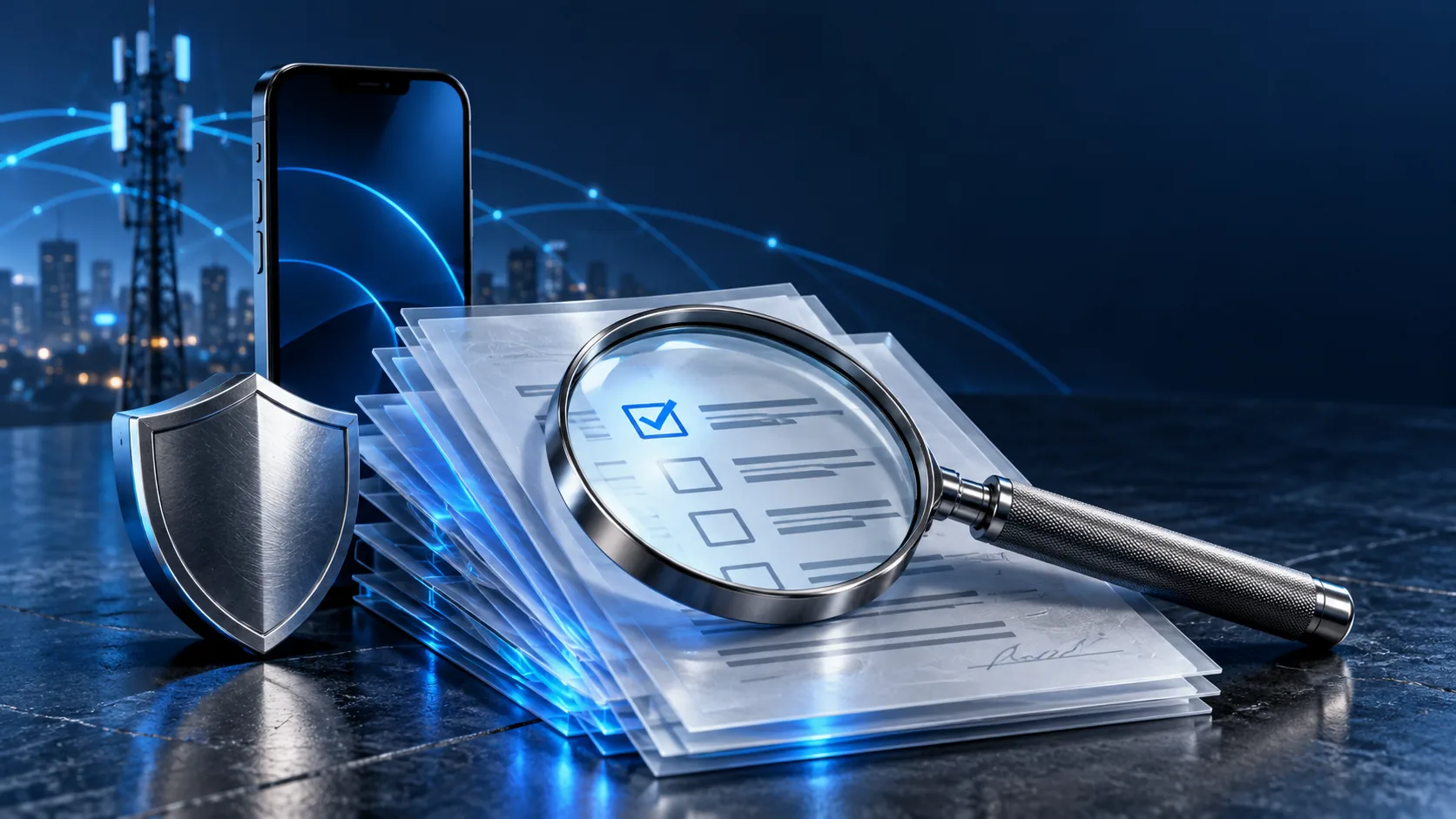 Conceptual illustration of a smartphone, customer contracts under inspection and a protective shield.