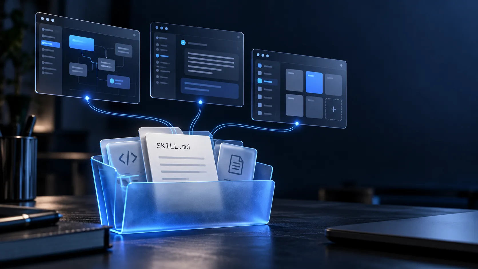 Conceptual illustration of a SKILL.md instruction bundle connecting to three different software workspaces.