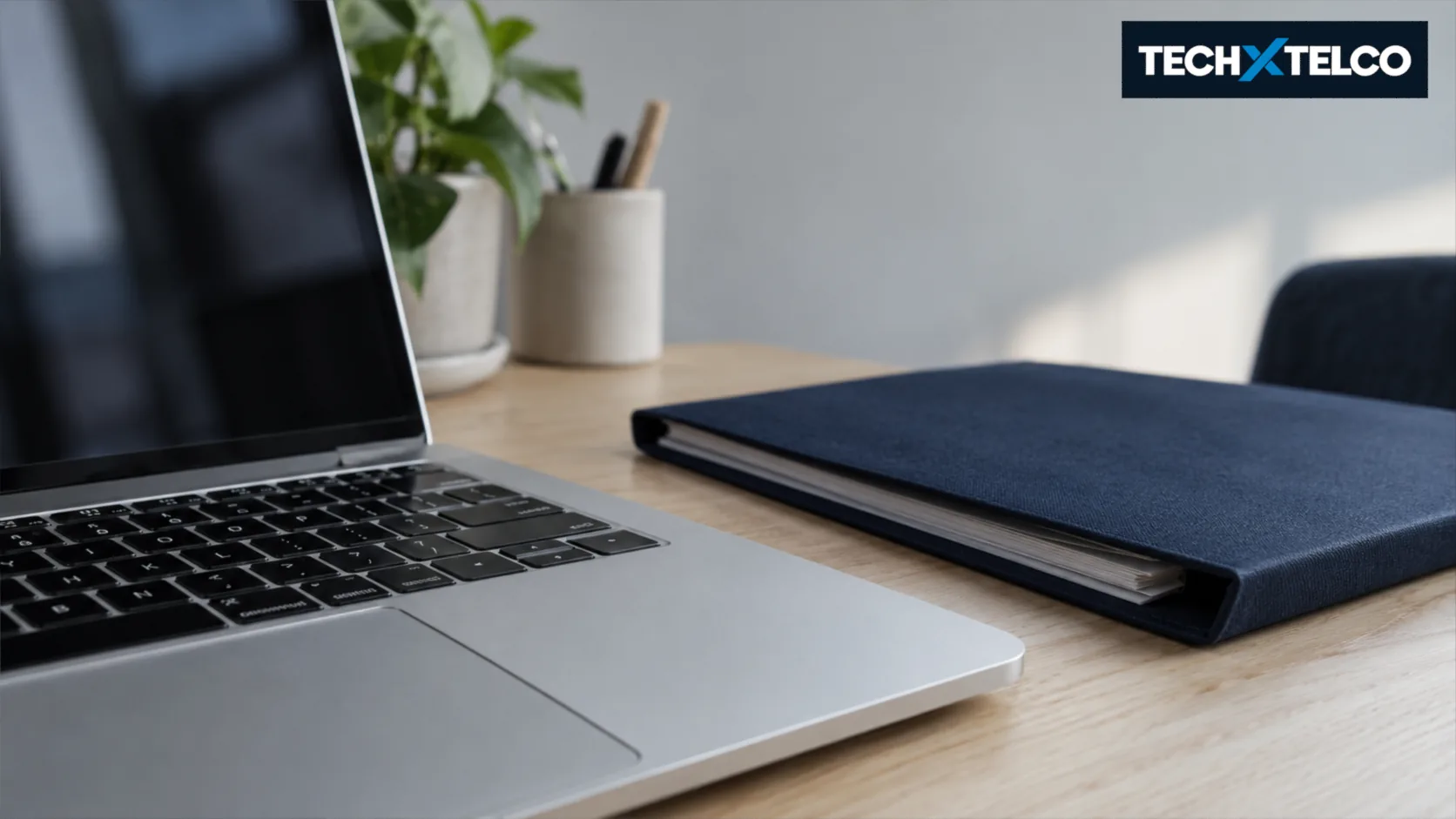 AI-generated illustration of a silver laptop beside a closed document folder.