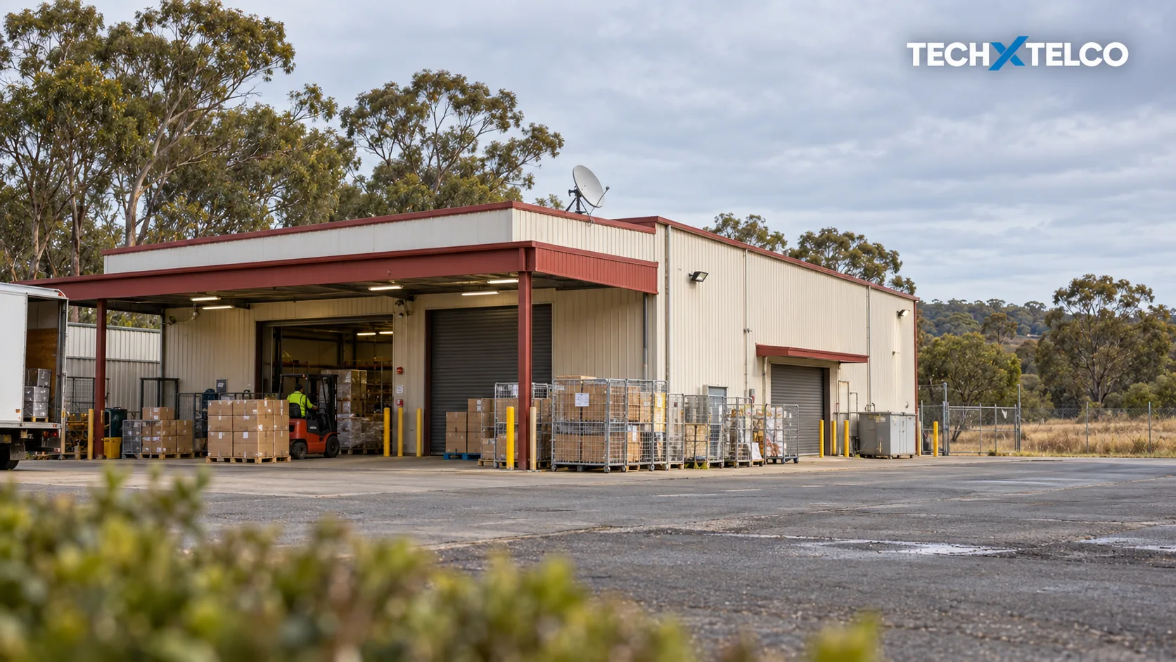 AI-generated editorial image of a generic parcel depot with a satellite dish; not an actual Australia Post deployment.