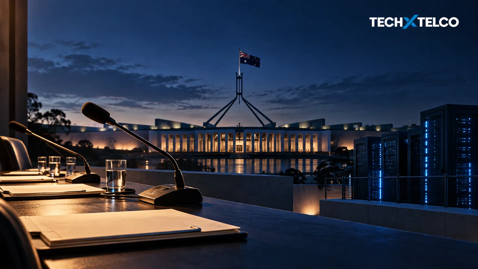 Conceptual illustration of empty hearing microphones, Australian Parliament House and blue-lit server racks.