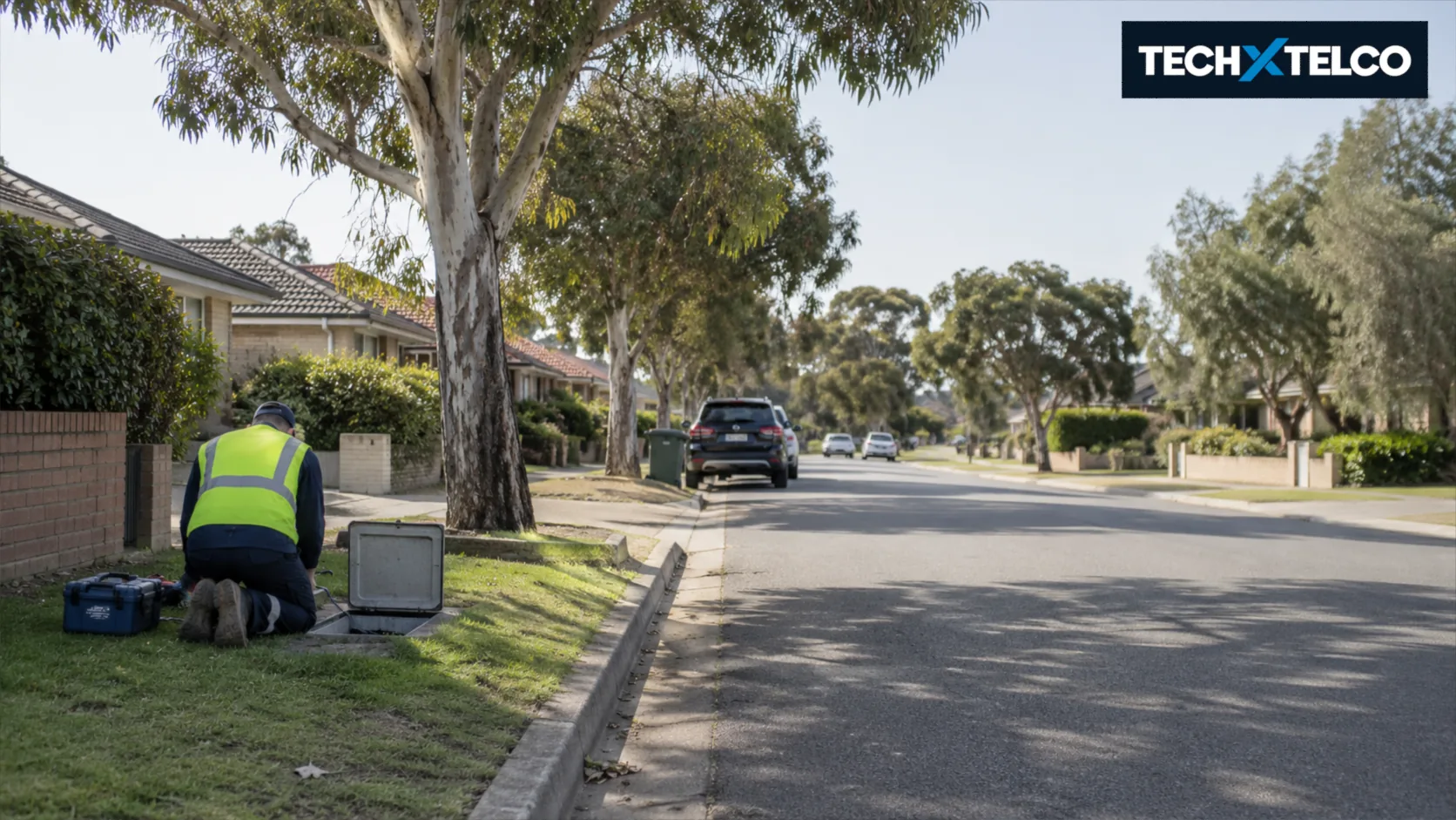 AI-generated editorial illustration of an anonymous telecommunications technician beside a cable pit on an Australian suburban street.