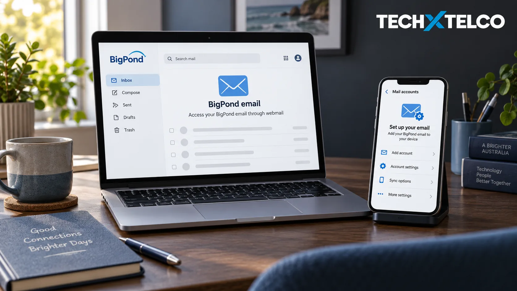 Laptop showing a BigPond webmail inbox beside a phone on the mail accounts setup screen, on a desk with a coffee cup and notebook.