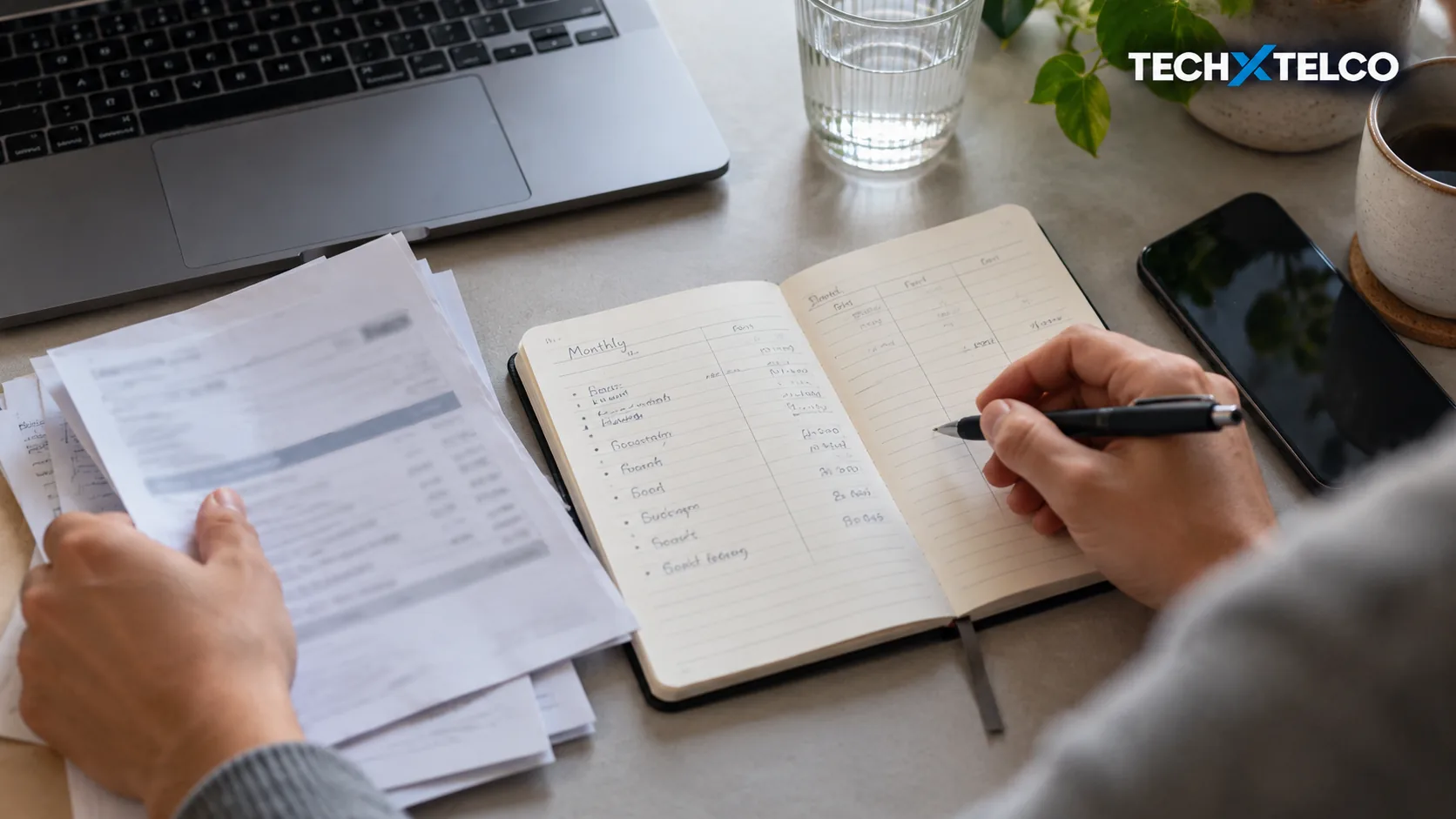 AI-generated editorial image of a laptop, notebook and papers used for monthly planning; not a billing screenshot.
