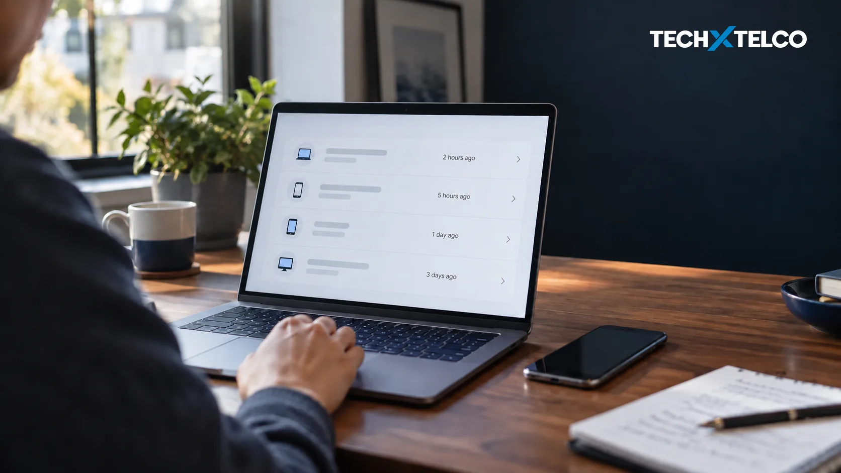 Editorial illustration of a laptop account-security screen with a recent sign-in list and a phone, without showing real account details.