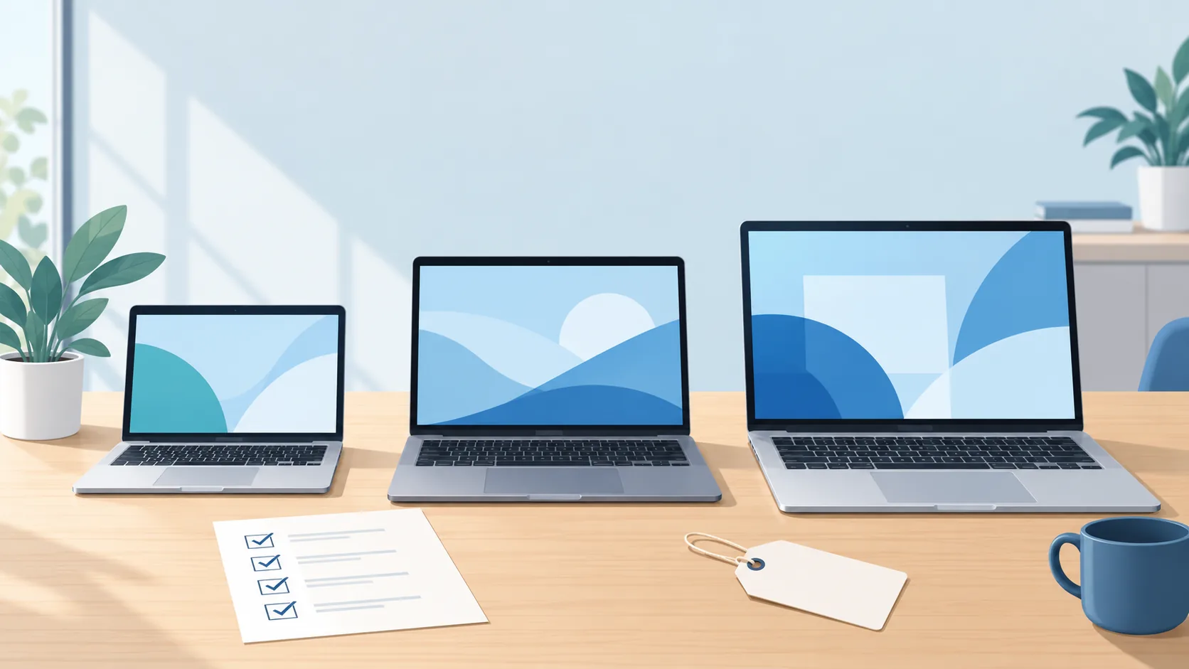 Three unbranded laptops of different sizes open on a desk beside a price tag and a printed spec checklist.