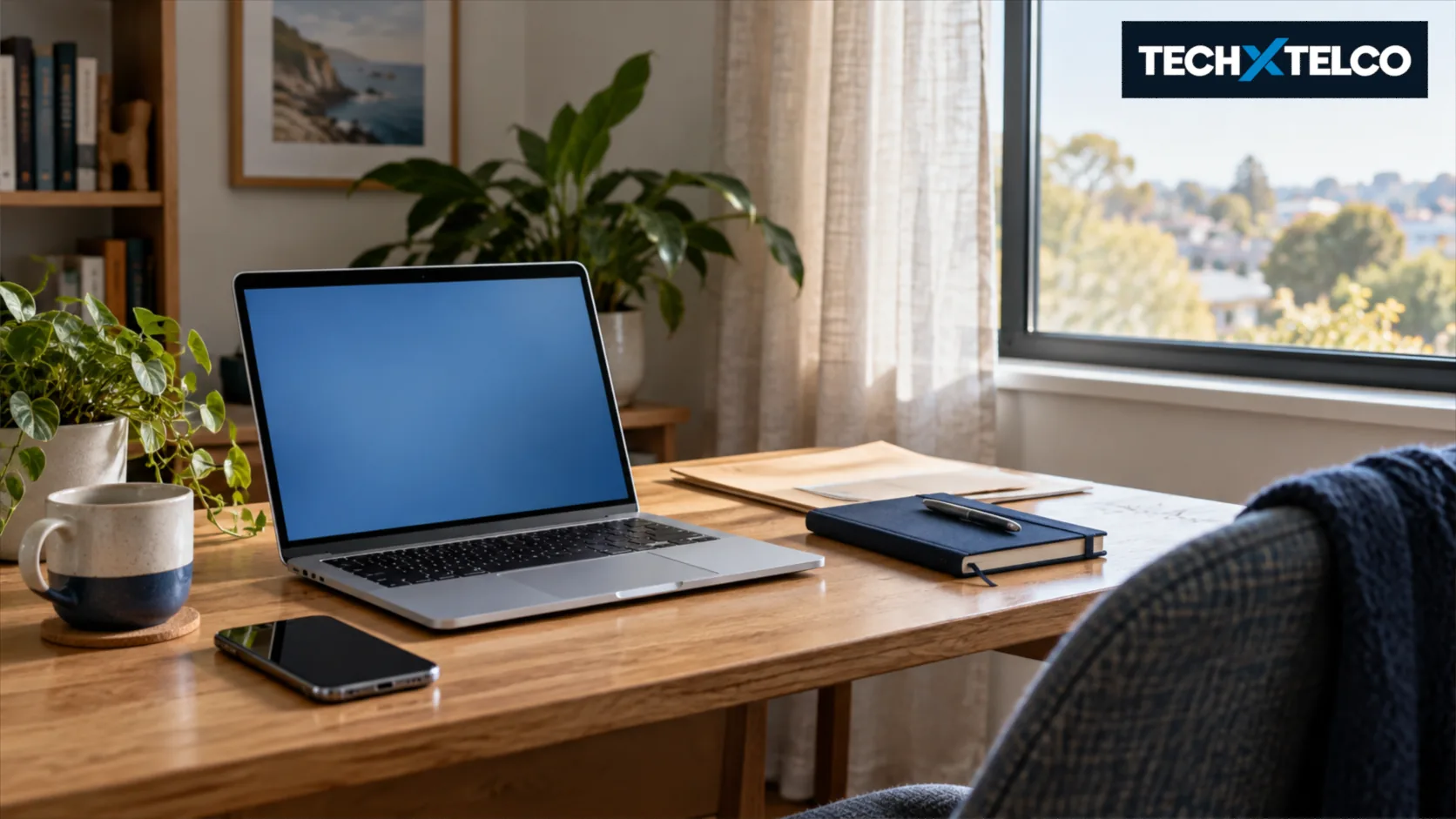 AI-generated illustration of a laptop and phone on a home-office desk beside a window.