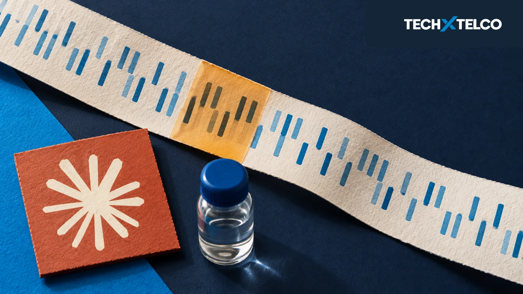 A highlighted repeat pattern on a DNA-inspired paper strip beside a Claude symbol and a laboratory vial.