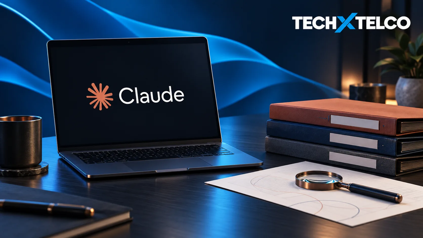 Laptop displaying Claude beside document folders and a magnifying glass, on a navy-blue desk with the Tech X Telco logo at the top right.