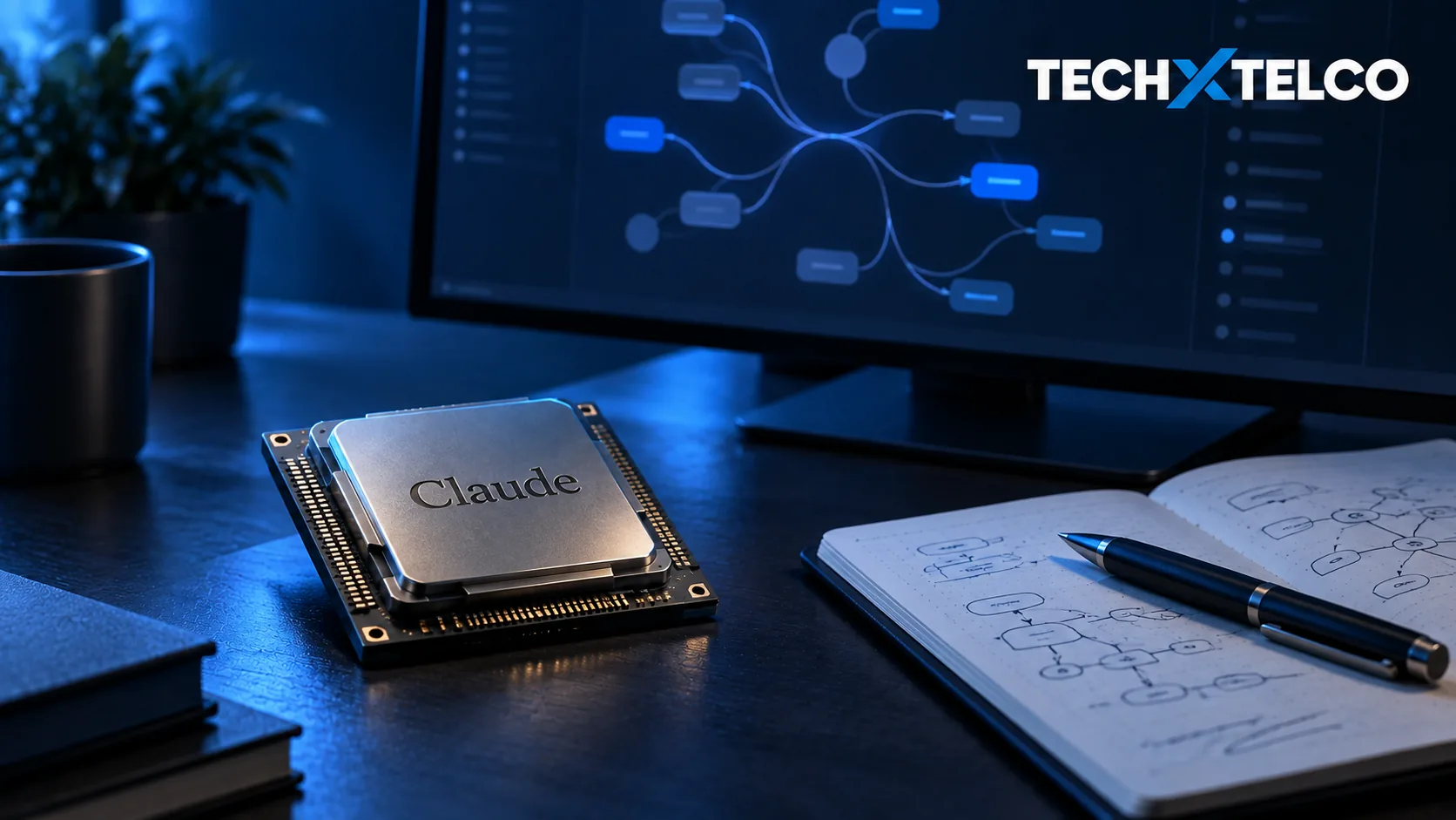 Conceptual illustration of a processor labelled Claude beside a research notebook and a monitor showing a branching diagram.