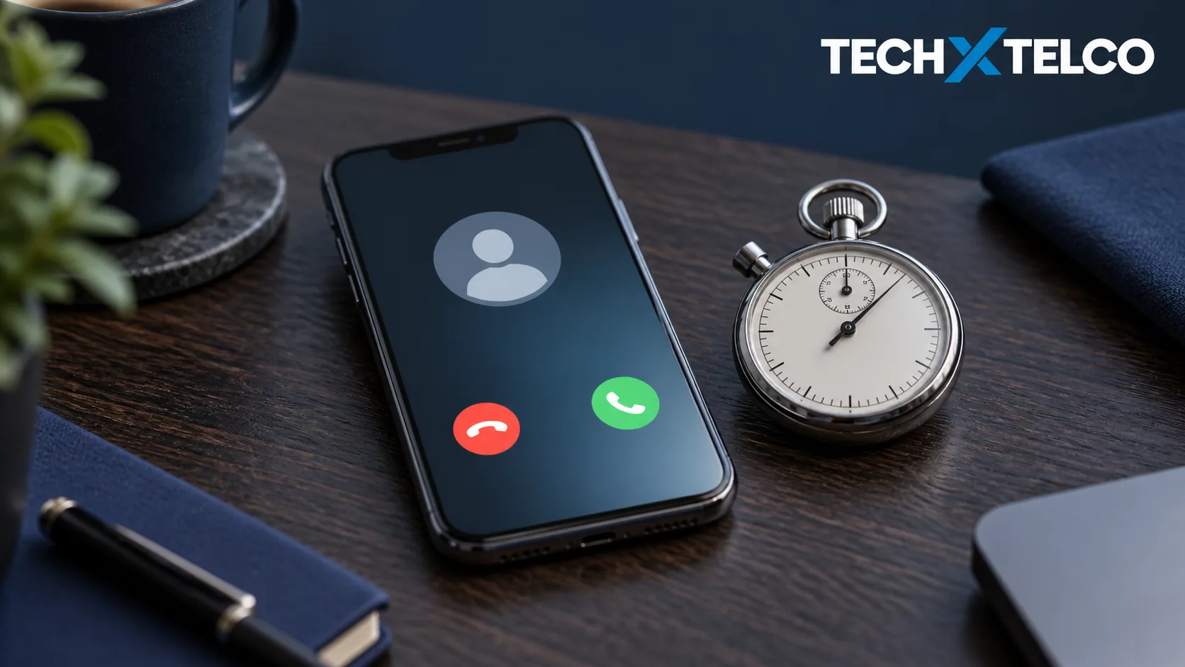 Phone showing an incoming call beside a stopwatch on a dark wooden desk.
