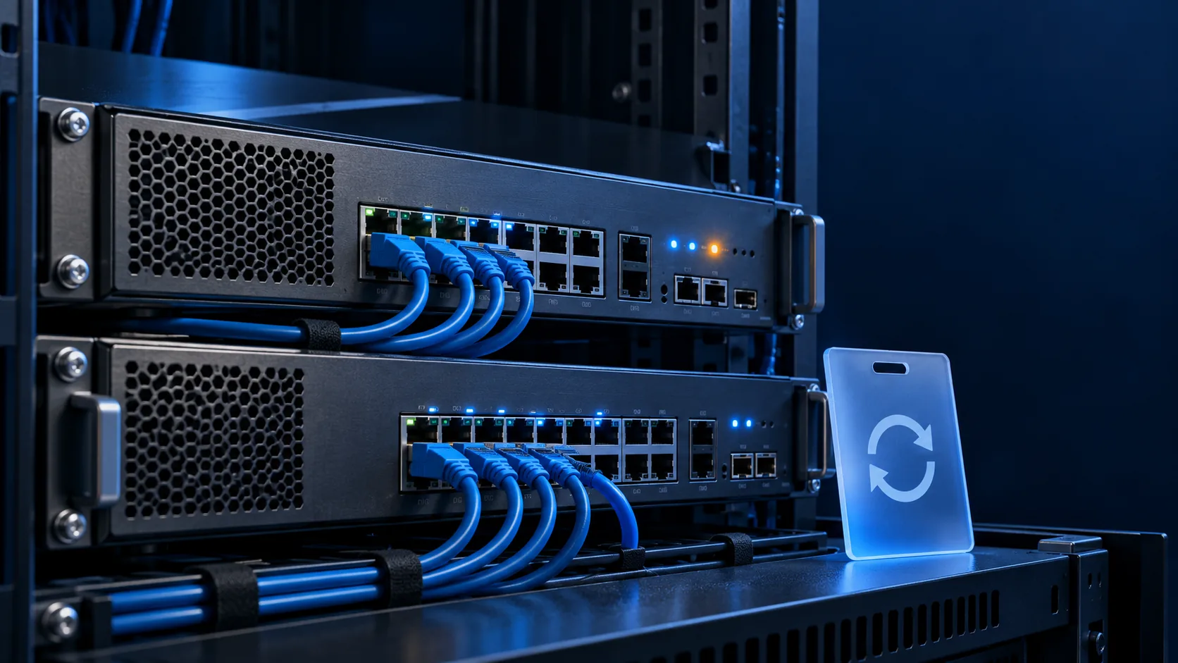 Conceptual illustration of enterprise network security appliances, Ethernet cables and an update indicator.