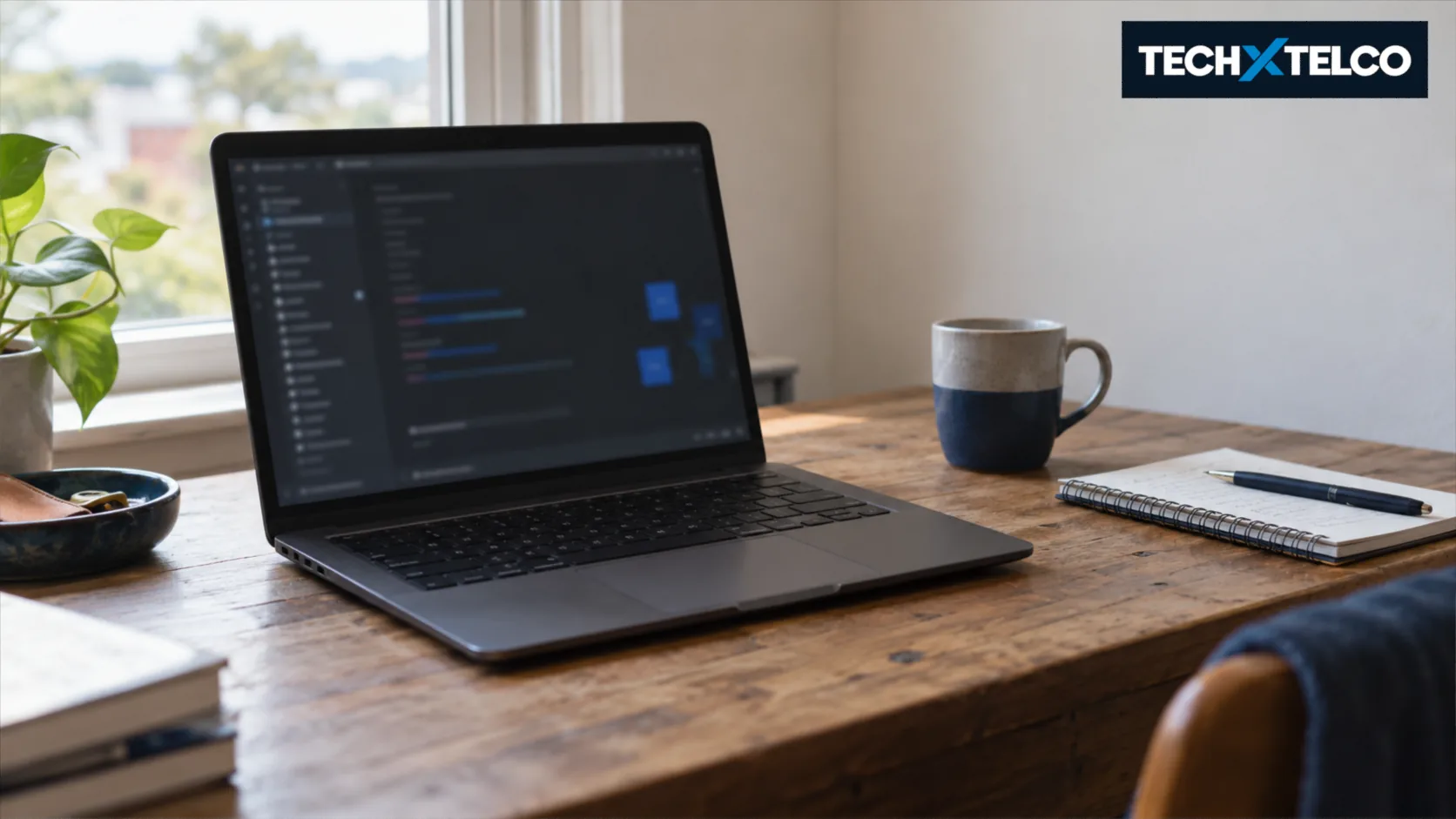 AI-generated editorial illustration of a laptop on a daylight-lit desk with an indistinct generic workspace, not a Gemini interface.