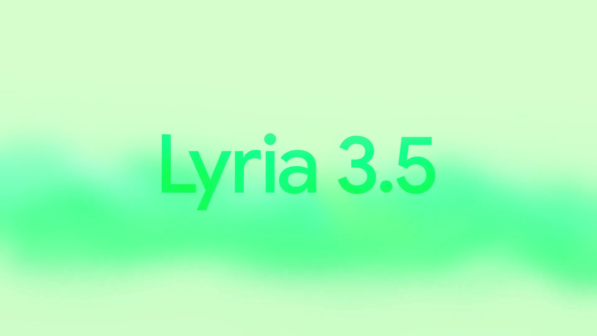 The words “Lyria 3.5” in green over soft, drifting pale-green clouds, a frame from Google AI Studio’s announcement clip.