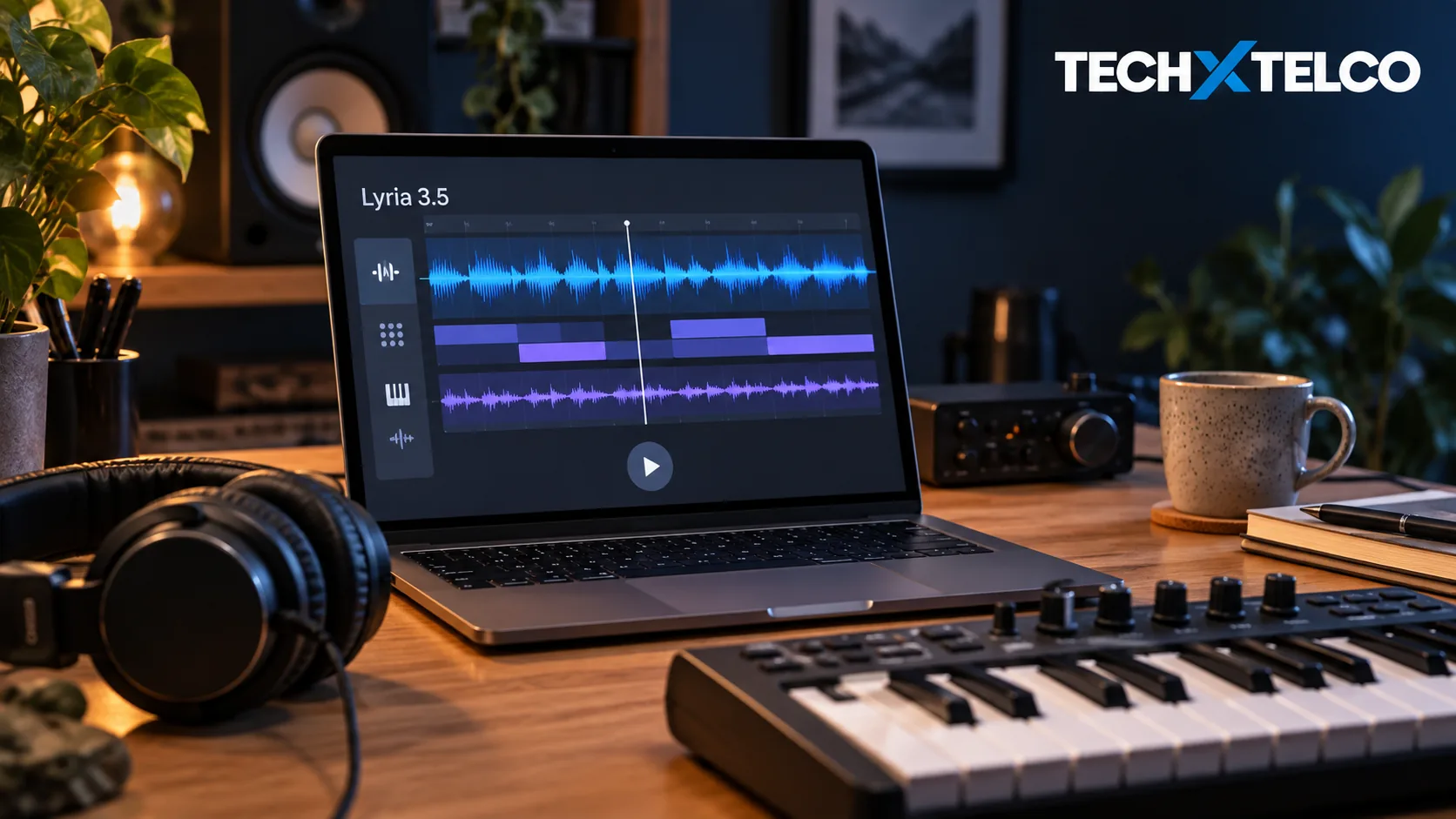 A phone on a kitchen bench showing a waveform, with headphones beside it.