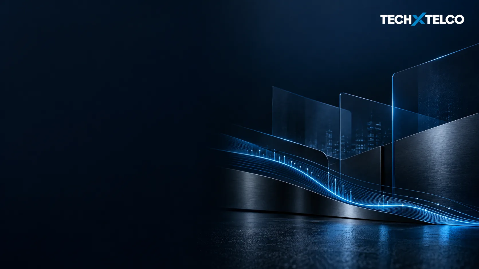 Abstract blue signal lines and dark glass panels on a navy background with the Tech X Telco logo top right.