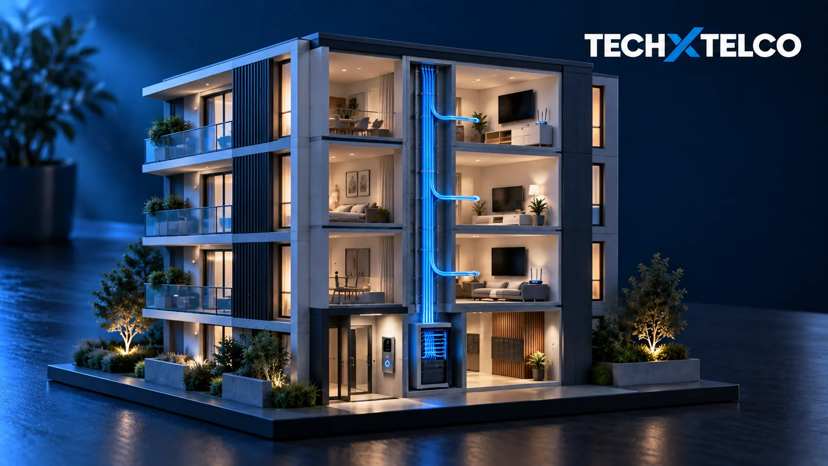 Conceptual cutaway of an apartment building with blue fibre paths linking rooms and shared building equipment.