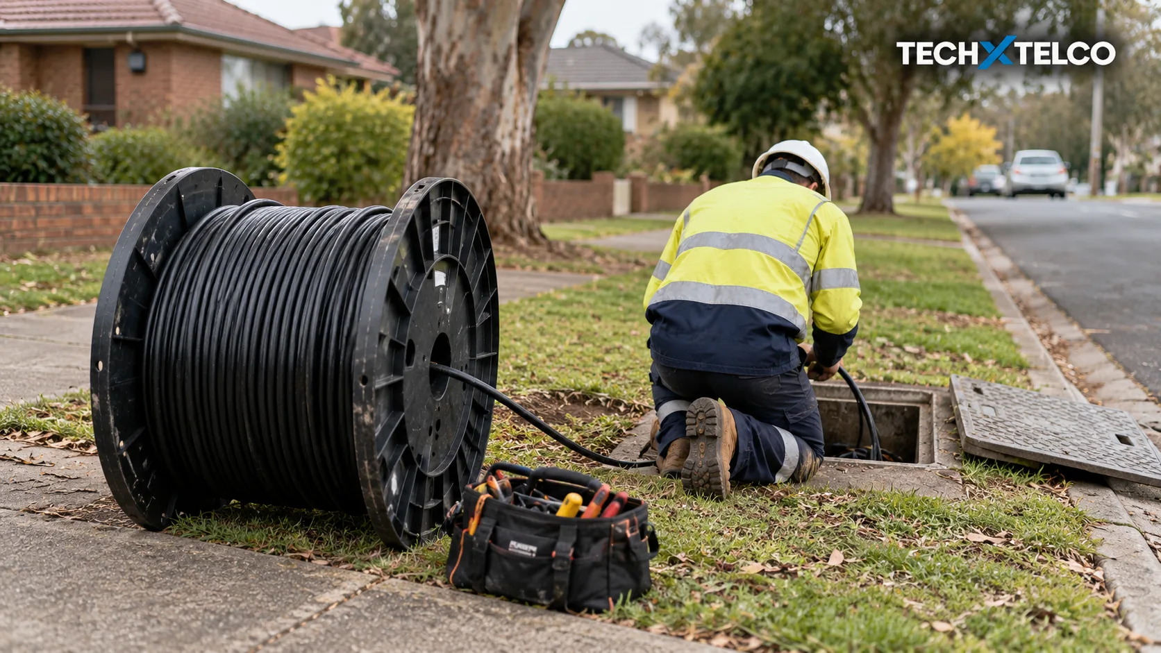 AI-generated editorial image of generic cable work on a suburban verge; not a verified NBN installation.