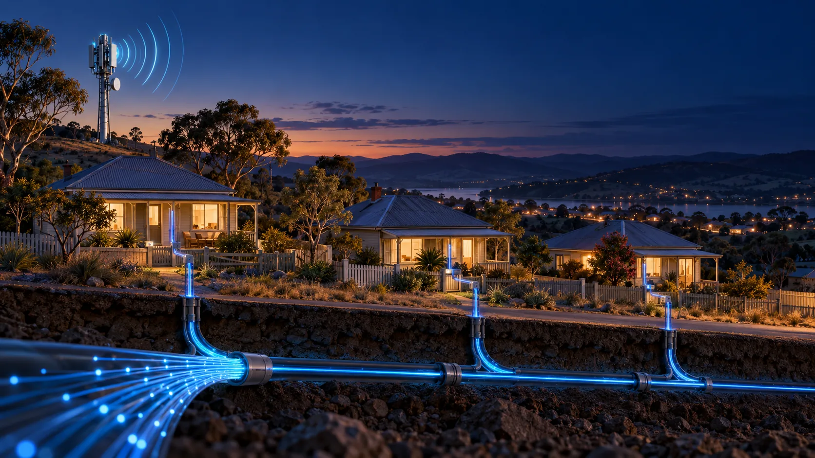Conceptual illustration of fibre-optic cables connecting regional Australian homes, with a wireless mast in the background.