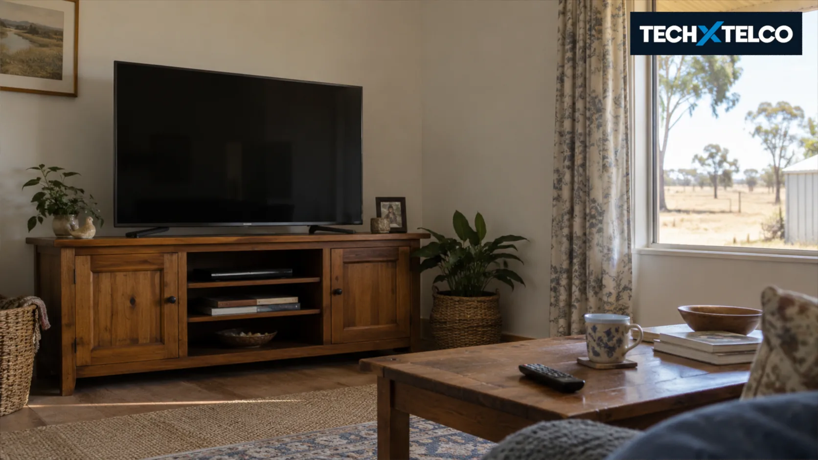 AI-generated editorial illustration of a television and remote in a regional Australian living room.