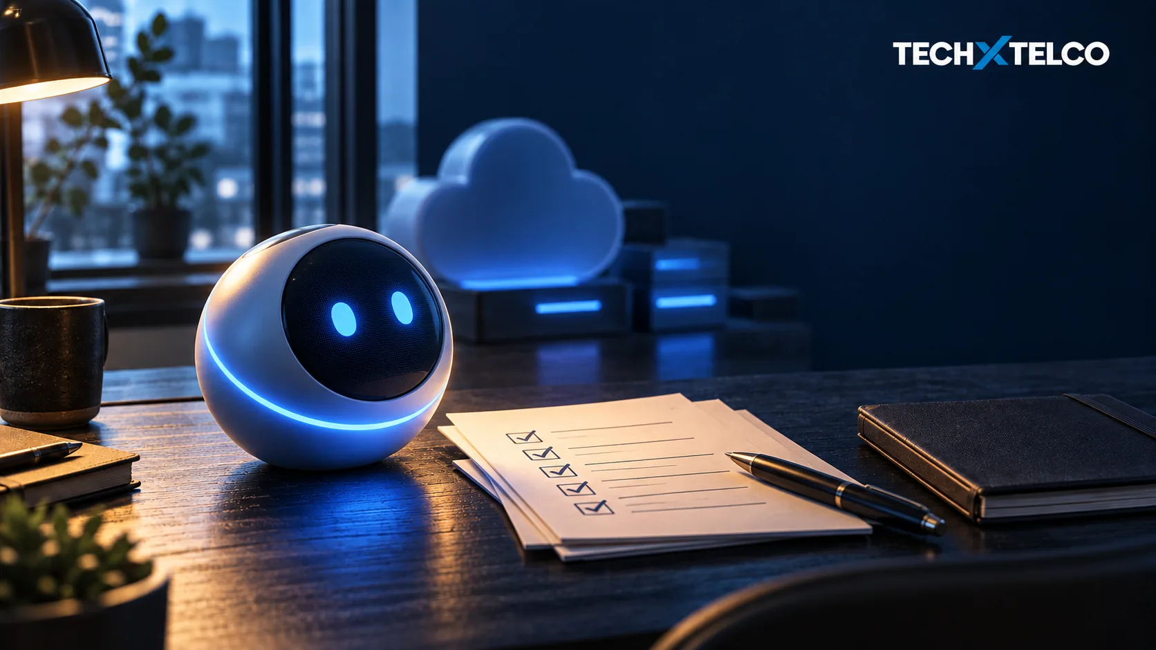 Conceptual illustration of a glowing blue AI companion beside a project checklist and an abstract cloud computer.