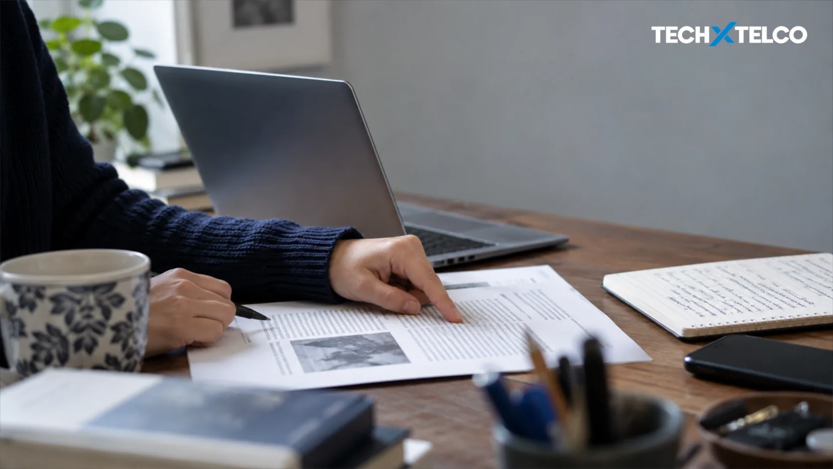 AI-generated editorial illustration of a person checking printed source material beside a laptop.