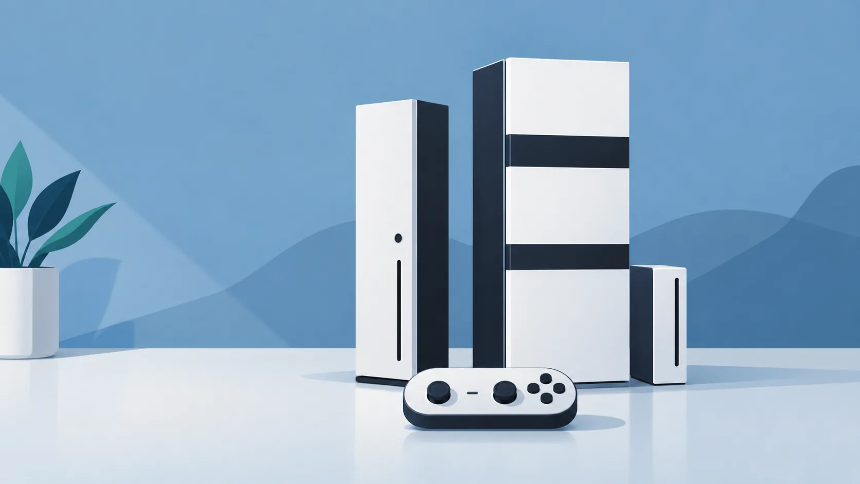 Illustration of two unbranded white game consoles side by side, one slimmer and one taller with a separate disc drive beside it.