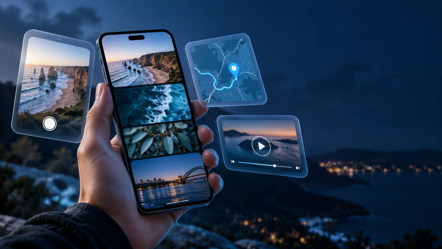 Conceptual illustration of a smartphone used for photography, navigation and media.