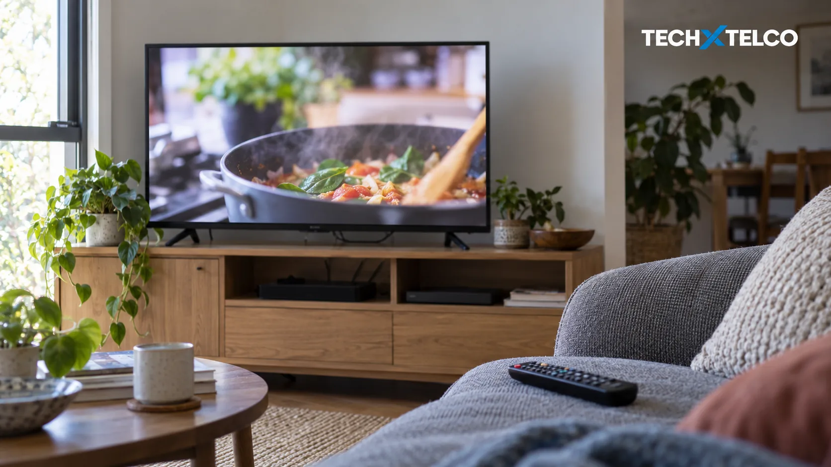 AI-generated editorial image of a living-room television showing generic cooking imagery; not a programme still or Samsung interface.