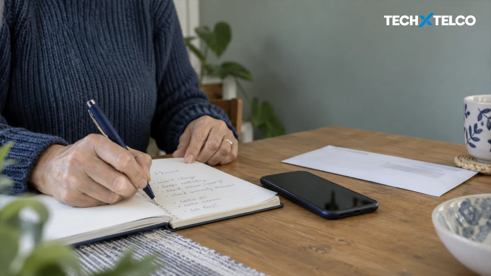 AI-generated editorial illustration of a person recording a phone fault beside a smartphone and notebook.
