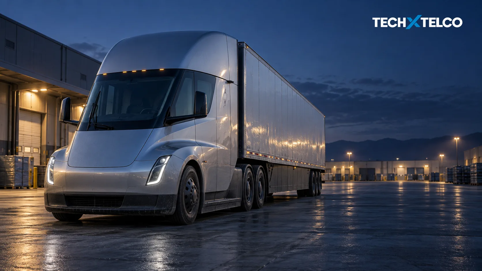 Editorial illustration of a silver electric semi-trailer truck in an industrial loading yard at dusk.