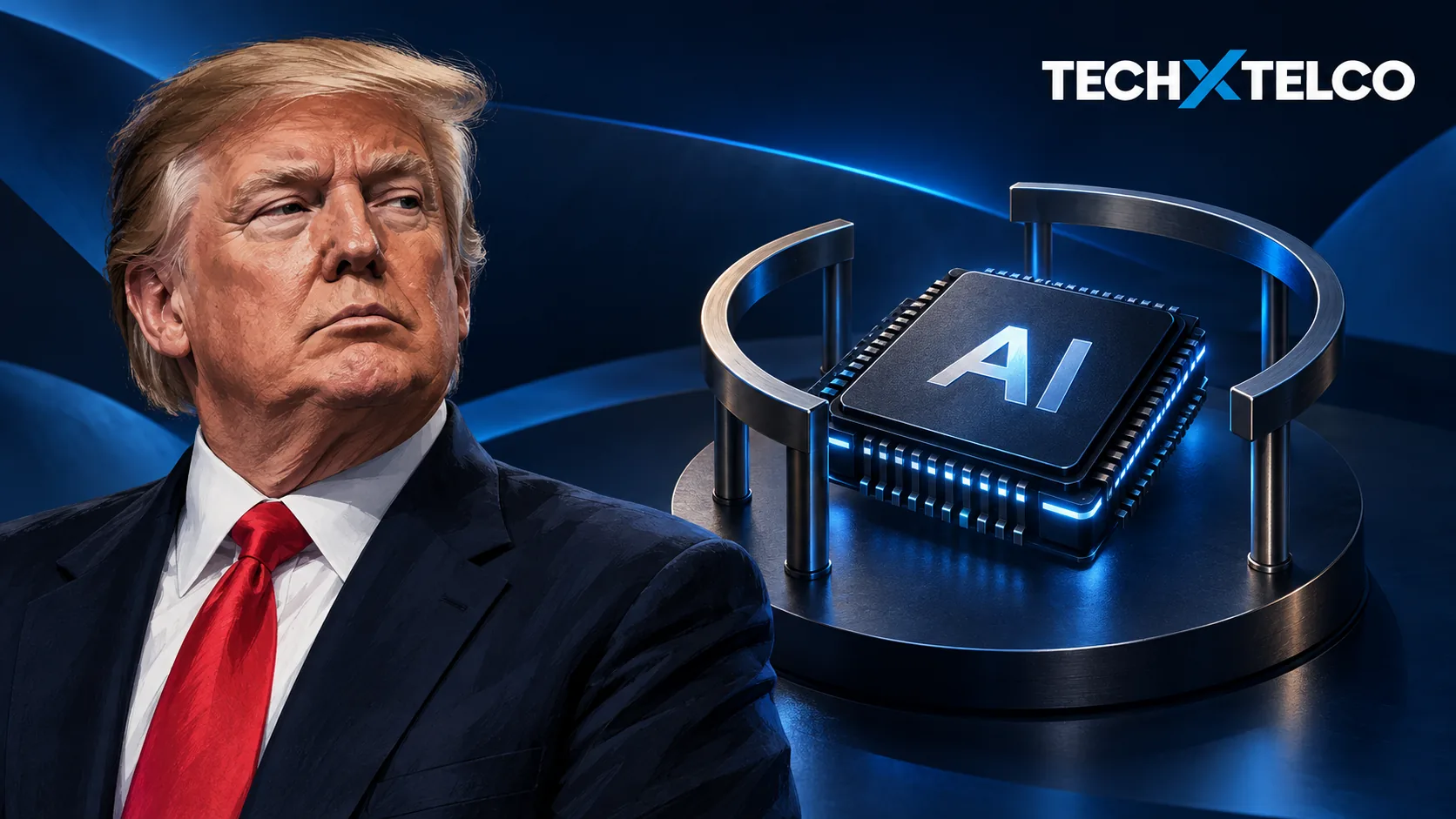Illustrated portrait of Donald Trump beside an AI processor surrounded by an open metal guardrail, with the Tech X Telco logo at the top right.