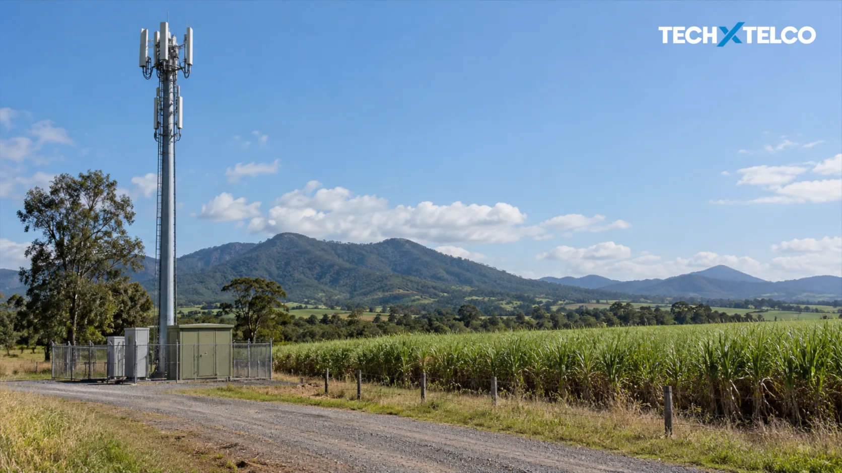 AI-generated conceptual illustration of a mobile tower beside Queensland-style cane fields; not the actual Upper Stone site.